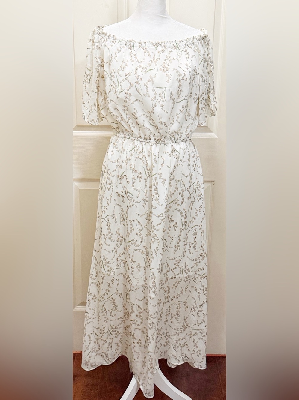 KorMei Chiffon White Floral Print Dress with Green Accents